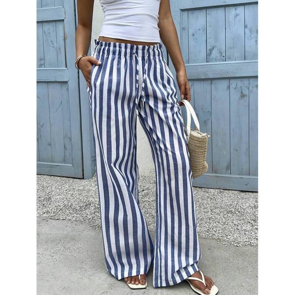 EZwear Women's Blue Striped Woven Wide Leg Pants Striped Casual Comfortabl
